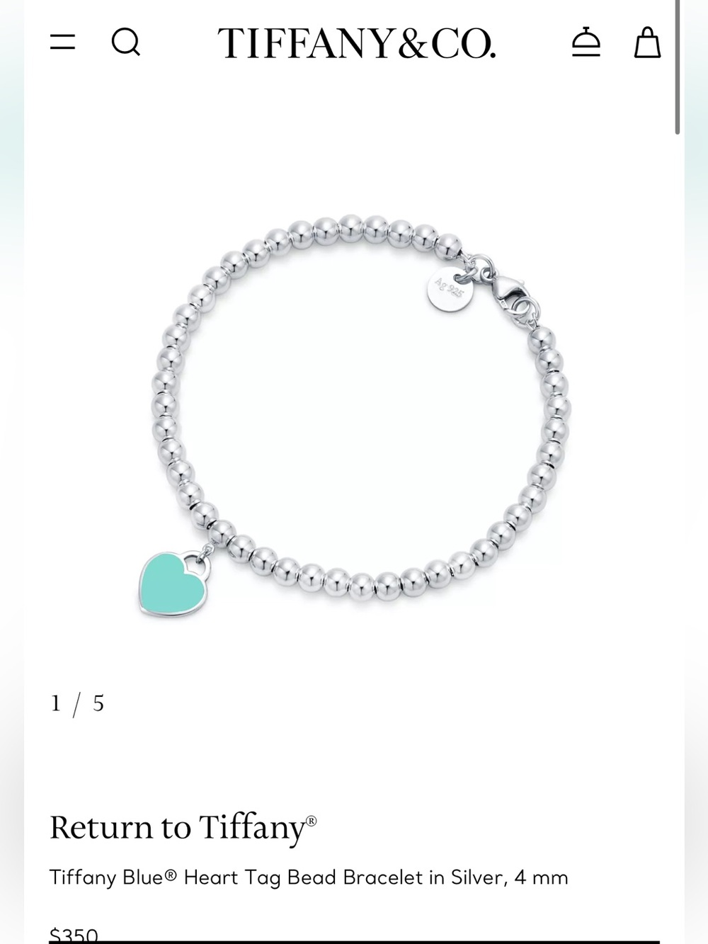 Tiffany & Co. Silver Bead Bracelet with Tiffany Blue Heart Charm